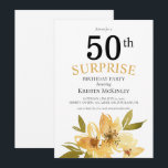 サプライズ50thブラックイエローフローラ誕生日 招待状<br><div class="desc">このおもしろいデザインはあなたの誕生日イベントに最適だ。このデザインは黄色い水色の花とのカスタムタイポグラフィを特徴とする。</div>