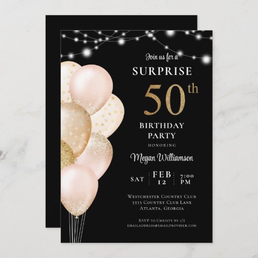 サプライズ50thブラック金ゴールドピンク誕生日 招待状 (正面/裏面)