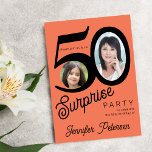 サプライズ50th誕生日の明るいオレンジ色の黒い写真 招待状<br><div class="desc">トレンディーはっきりしたタイポグラフィ50人目の女性バースデーサプライズパーティの招待状2枚とレトロなスタイルスモダンクリプト。簡単：テキストと写真でパーソナライズ    デジタルダウンロードあり、</div>
