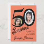 サプライズ50th誕生日の明るいオレンジ色の黒い写真 招待状 (正面)