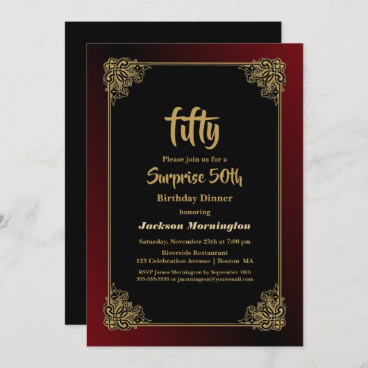 サプライズ50th誕生日ディナーブラックレッド金ゴールド 招待状 (正面/裏面)