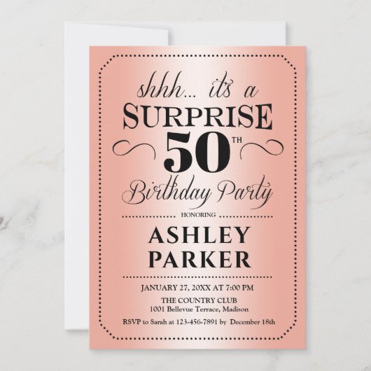 サプライズ50th誕生日パーティー – バラ金ゴールド 招待状 (正面)