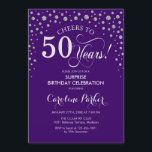 サプライズ50th誕生日パーティー – パープルシルバー 招待状<br><div class="desc">50歳の誕生日パーティーの招待状。紫エレガントとグリッター銀のフェイクデザイン。スクリプトフォントとダイヤモンド紙吹雪の機能。応援50年！メッセージもしの詳細なカスタマイズが必要。</div>