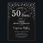 サプライズ50th誕生日パーティー – ブラックシルバー 招待状<br><div class="desc">50歳の誕生日パーティーの招待状。エレガントデザインは黒とグリッター銀でフェイクす。スクリプトフォントとダイヤモンド紙吹雪の機能。応援50年！メッセージもしの詳細なカスタマイズが必要。</div>