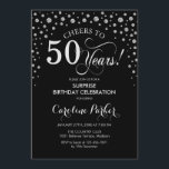 サプライズ50th誕生日パーティー – ブラックシルバー 招待状<br><div class="desc">50歳の誕生日パーティーの招待状。エレガントデザインは黒とグリッター銀でフェイクす。スクリプトフォントとダイヤモンド紙吹雪の機能。応援50年！メッセージもしの詳細なカスタマイズが必要。</div>