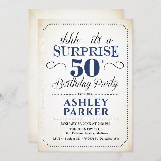 サプライズ50th誕生日パーティー – ホワイトネイビー 招待状 (正面/裏面)