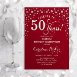 サプライズ50th誕生日パーティー – レッドシルバー 招待状<br><div class="desc">50歳の誕生日パーティーの招待状。エレガントデザインは濃い赤とグリッター銀フェイク。スクリプトフォントとダイヤモンド紙吹雪の機能。応援50年！メッセージもしの詳細なカスタマイズが必要。</div>