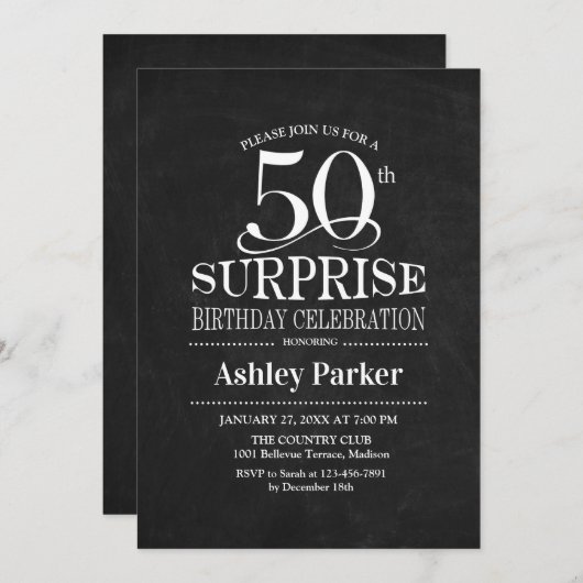 サプライズ50th誕生日パーティー – 白黒 招待状 (正面/裏面)