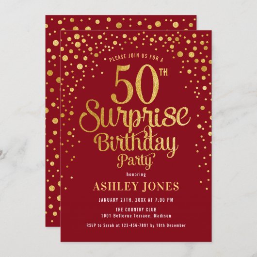 サプライズ50th誕生日パーティー – 赤と金ゴールド 招待状 (正面/裏面)
