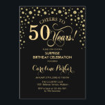 サプライズ50th誕生日パーティー – 金ゴールドブラック 招待状<br><div class="desc">50歳の誕生日パーティーの招待状。黒エレガントデザインとグリッターフェイク金ゴールド。スクリプトフォントとダイヤモンド紙吹雪の機能。応援50年！メッセージもしの詳細なカスタマイズが必要。</div>