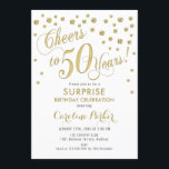 サプライズ50th誕生日パーティー – 金ゴールドホワイト 招待状<br><div class="desc">驚きの50th誕生日パーティー招エレガント待デザインとフェイクグリッター金ゴールドと白。機能スクリプトフォントと紙吹雪。応援50年！メッセージもしメッセージの年齢がカスタム必要だ。</div>