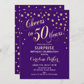 サプライズ50th誕生日パーティー – 金ゴールド紫 招待状 (正面/裏面)