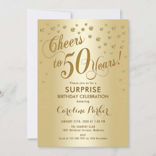 サプライズ50th誕生日パーティー – 金ゴールド 招待状 (正面)