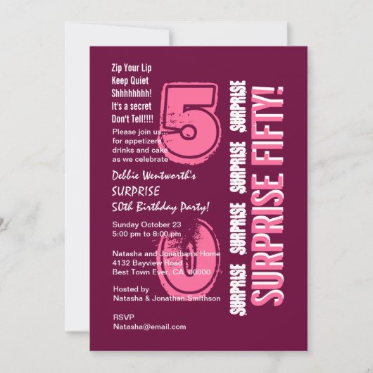 サプライズ50th誕生日ピンクモダンバーガンディワイン 招待状 (正面)