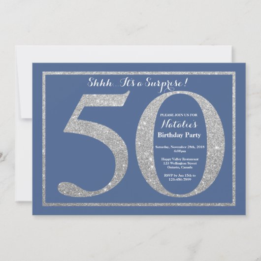 サプライズ50th誕生日ブルーアンドシルバーグリッター 招待状 (正面)