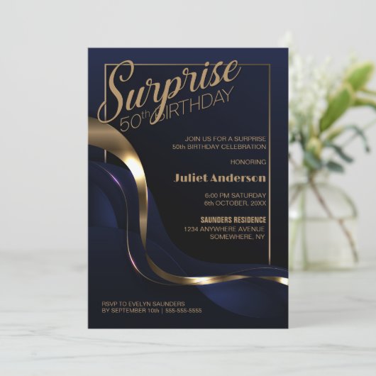 サプライズ50th誕生日ブルー金ゴールドパーティの招待状 招待状 (スタンド正面)