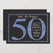 サプライズ50th誕生日招待状ブルーグリッター 招待状 (正面/裏面)