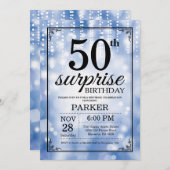 サプライズ50th誕生日招待状ブルーグリッター 招待状 (正面/裏面)