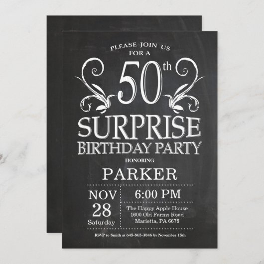 サプライズ50th誕生日招待状Chalkboard 招待状 (正面/裏面)
