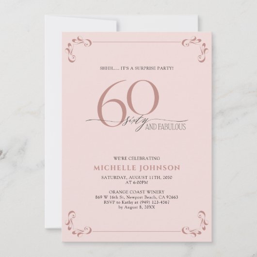 サプライズ60と素晴らしい赤面ピンク&ブラック誕生日 招待状 (正面)