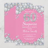 サプライズ60歳の誕生日 ピンクとシルバーダイヤモンド 招待状 (正面/裏面)