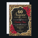 サプライズ60歳の誕生日 - レパード ブラック ゴールド レッド 招待状<br><div class="desc">60歳の誕生日のサプライズ招待状。女性らしいブラック、レッドのデザインに、疑似グリッターゴールドをあしらった豪華な一品。レパード柄、赤いバラ、スクリプトフォント、コンフェッティをフィーチャー。エレガントな誕生日パーティーに最適。任意の年齢にカスタマイズ可能。さらにカスタマイズが必要な場合はメッセージください。</div>
