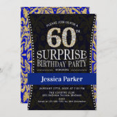 サプライズ60歳誕生日パーティー - ゴールド ネイビーブルー 招待状 (正面/裏面)