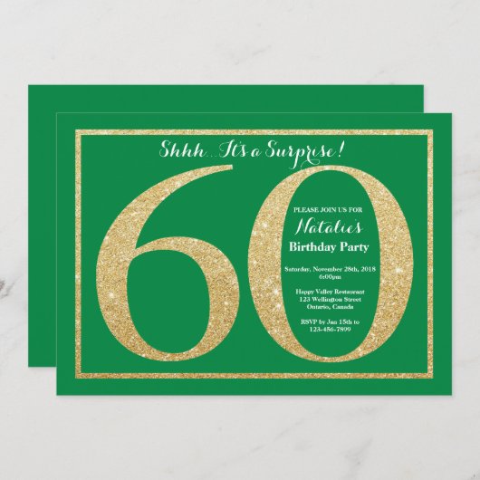 サプライズ60誕生日グリーン&金ゴールドグリッター 招待状 (正面/裏面)