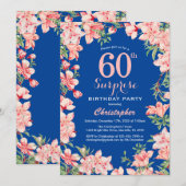 サプライズ60誕生日ピンクフローラ花青 招待状 (正面/裏面)