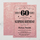サプライズ60誕生日ピンクローズ金ゴールドグリッター 招待状 (正面/裏面)
