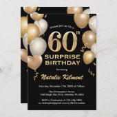 サプライズ60誕生日ブラックと金ゴールドバルーン 招待状 (正面/裏面)