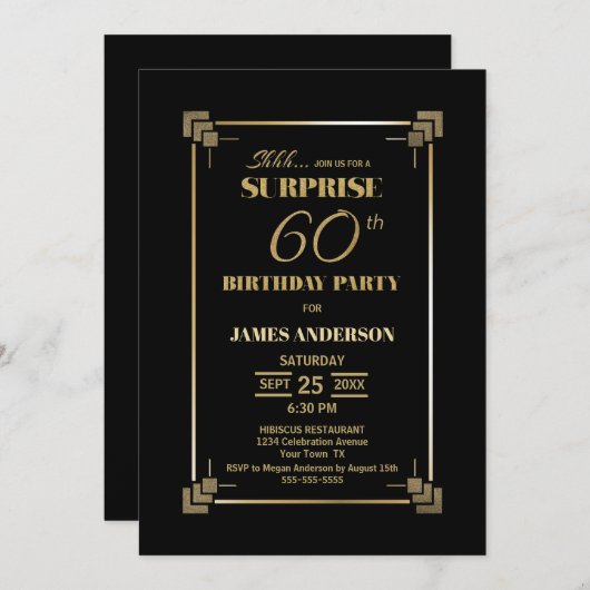 サプライズ60誕生日ブラックと金ゴールドパーティー 招待状 (正面/裏面)