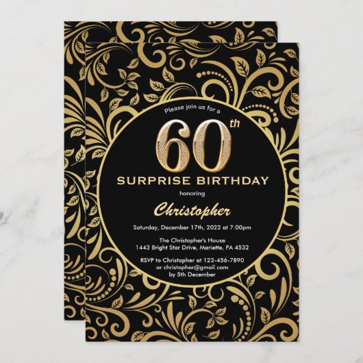 サプライズ60誕生日ブラックと金ゴールドフローラ 招待状 (正面/裏面)