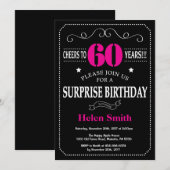 サプライズ60誕生日ホットピンクとブラック 招待状 (正面/裏面)