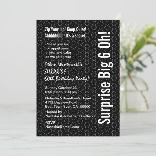 サプライズ60誕生日モダン白黒スターズ 招待状 (スタンド正面)