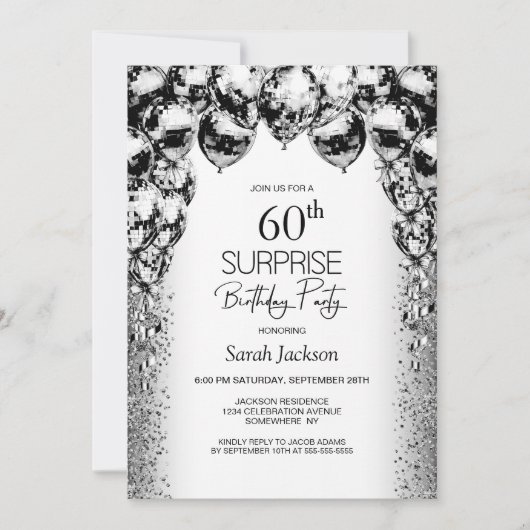 サプライズ60誕生日白黒バルーンパーティー 招待状 (正面)