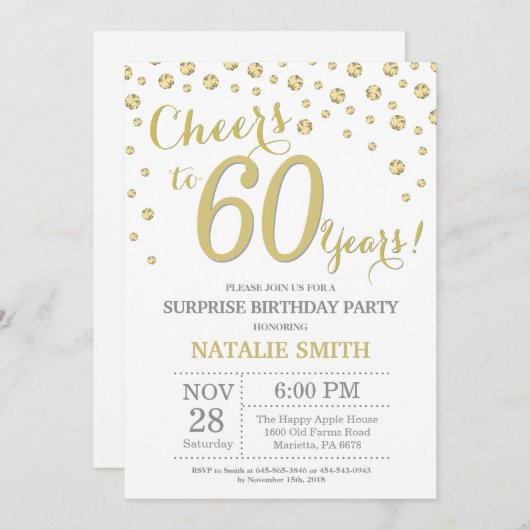 サプライズ60誕生日金ゴールドグリッターダイヤモンド 招待状 (正面/裏面)