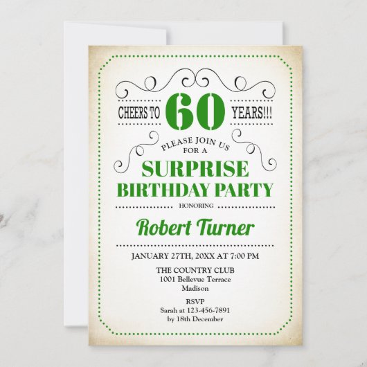 サプライズ60誕生日 – グリーンホワイトブラック 招待状 (正面)