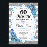 サプライズ60誕生日 – シルバーホワイトブルー 招待状<br><div class="desc">サプライズ60th誕生日招待状。白、フェミニンターコイズアクア青デザインとグリッター銀フェイクの青。機能ストライプ、青淡い色のバラ、スクリプトフォントと紙吹雪。エレガントな誕生日パーティーに最適。任意のパーソナライズされた年齢を示すことができる。メッセージもしの詳細なカスタマイズが必要。</div>