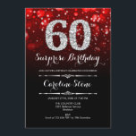 サプライズ60誕生日 – ブラックレッドシルバー 招待状<br><div class="desc">サプライズ60th誕生日招待状。黒エレガント赤デザインとフェイクグリッター銀大人の誕生日。ダイヤモンド、《写真》ぼけ味ライト、スクリプトフォント。男女の招待状。誕生日パーティスタイリッシュに最適。メッセージもしの詳細なカスタマイズが必要。</div>