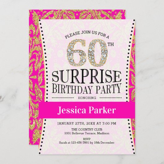 サプライズ60誕生日 – ホワイト金ゴールドピンク 招待状 (正面/裏面)