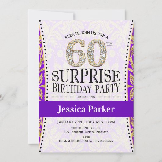 サプライズ60誕生日 – 白金ゴールド紫 招待状 (正面)