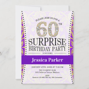 サプライズ60誕生日 – 白金ゴールド紫 招待状