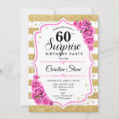 サプライズ60誕生日-金ゴールドホワイトピンク 招待状 (正面)