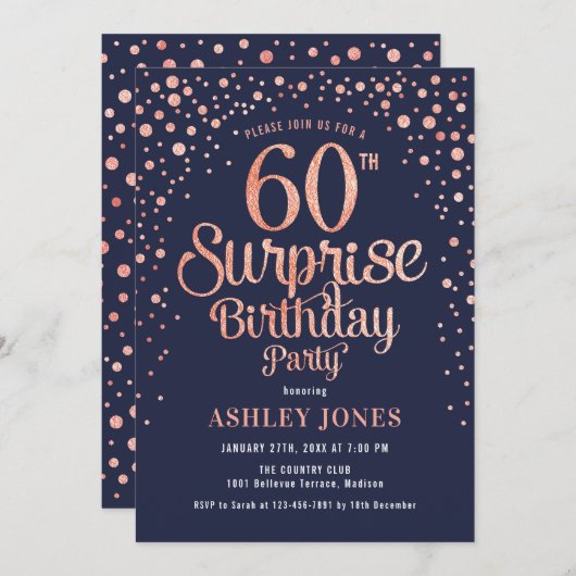 サプライズ60thバースデーパーティー – 海軍とバラ金ゴールド 招待状 (正面/裏面)
