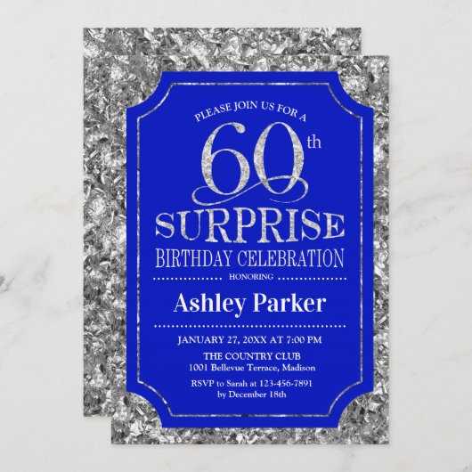 サプライズ60thバースデーパーティー – Silver 王室の Blue 招待状 (正面/裏面)