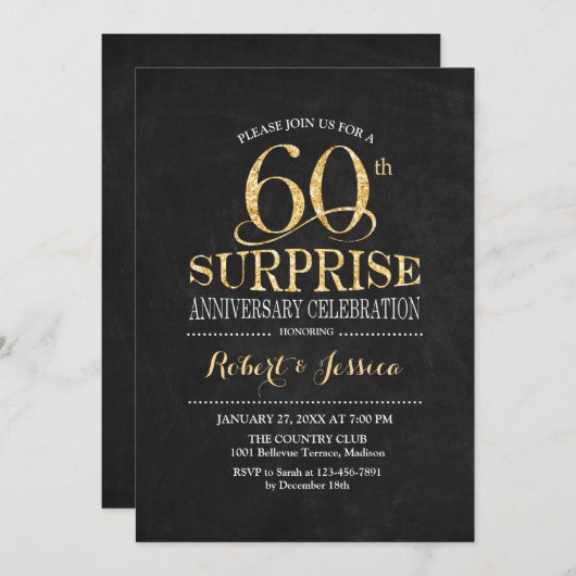サプライズ60th結婚周年記念の黒板金ゴールド 招待状 (正面/裏面)