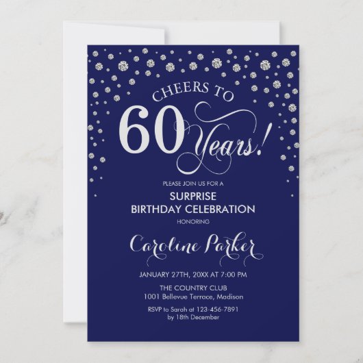 サプライズ60th誕生日パーティー – ネイビーシルバー 招待状 (正面)