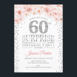 サプライズ60th誕生日パーティー – ホワイトシルバーピンク 招待状<br><div class="desc">60th Birthday Partyへの招待。エレガントグリッター銀フェイク白とピンクのデザイン。特徴紙吹雪、スクリプトフォントと水色赤面ピンクの花。メッセージもしの詳細なカスタマイズが必要。</div>