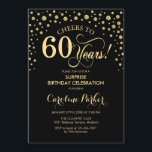サプライズ60th誕生日パーティー – 金ゴールドブラック 招待状<br><div class="desc">60th Birthday Partyへの招待。黒エレガントデザインとグリッターフェイク金ゴールド。スクリプトフォントとダイヤモンド紙吹雪の機能。応援60年！メッセージもしの詳細なカスタマイズが必要。</div>